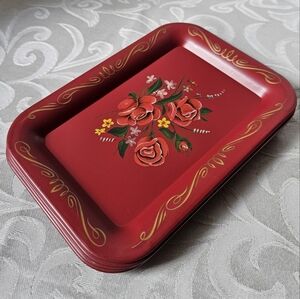 Vintage Floral Toleware Red Enamel Decorative Tin Trays